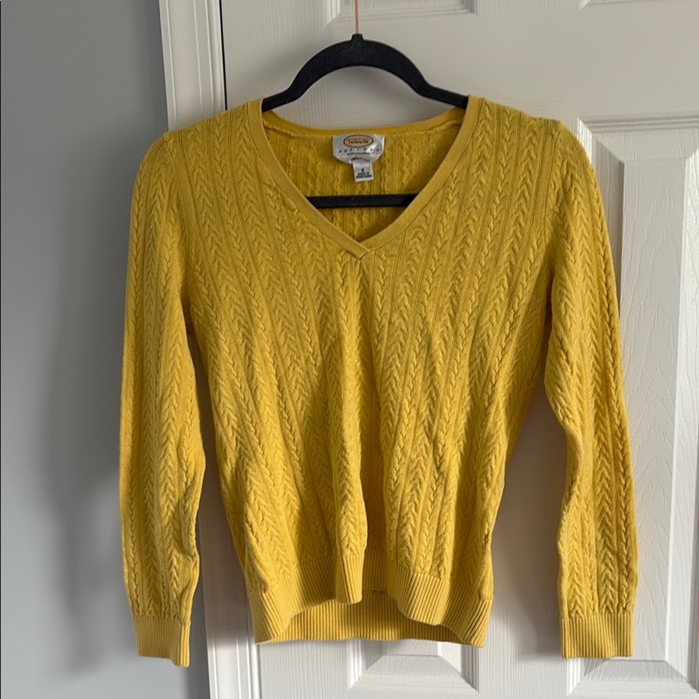 Talbots Petites Pima Cotton Yellow V-Neck Cable Knit Sweater Size S